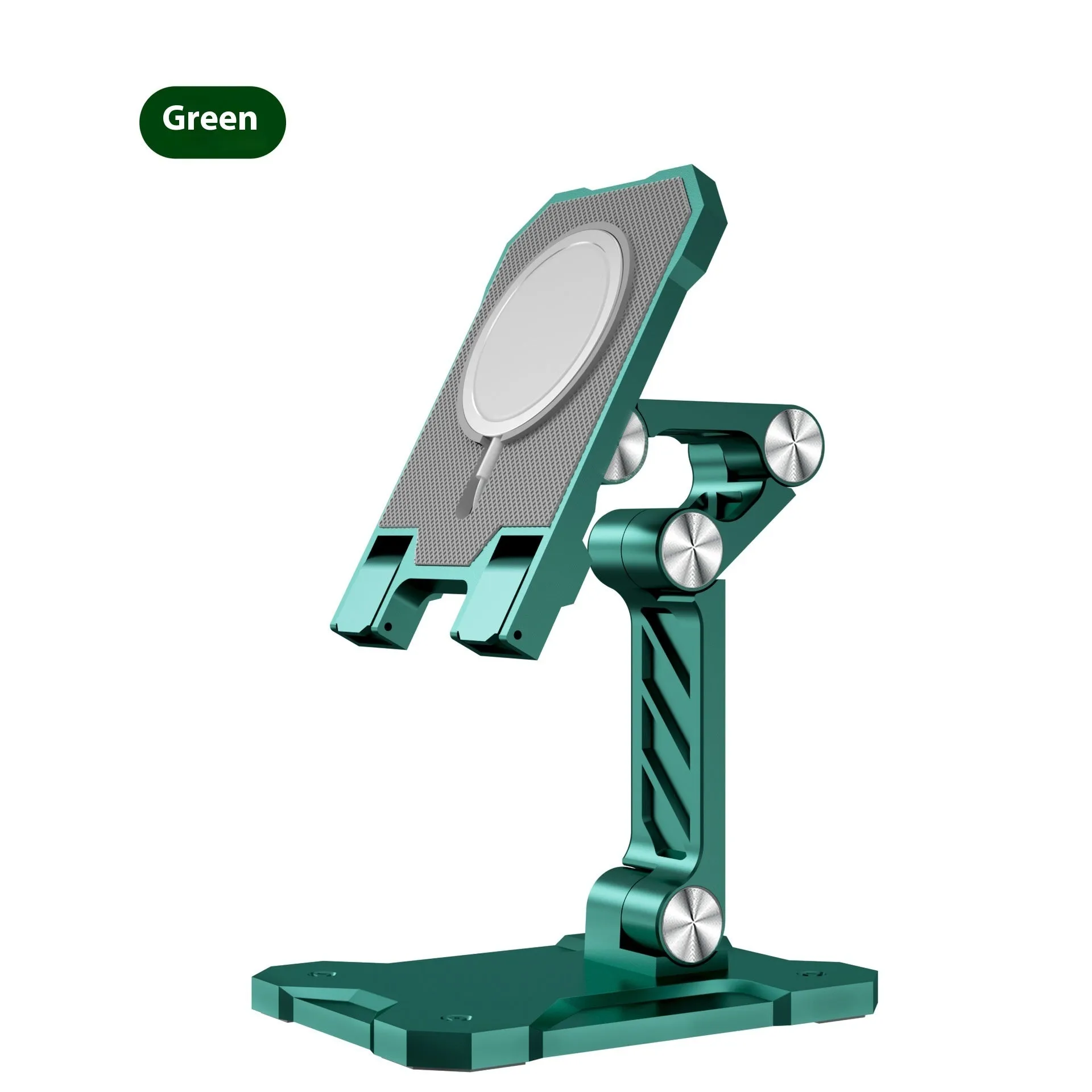 Metal folding phone holder for tablet desktop or car use with adjustable clip in black
