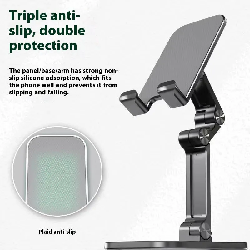 Metal folding phone holder for tablet desktop or car use with adjustable clip in black