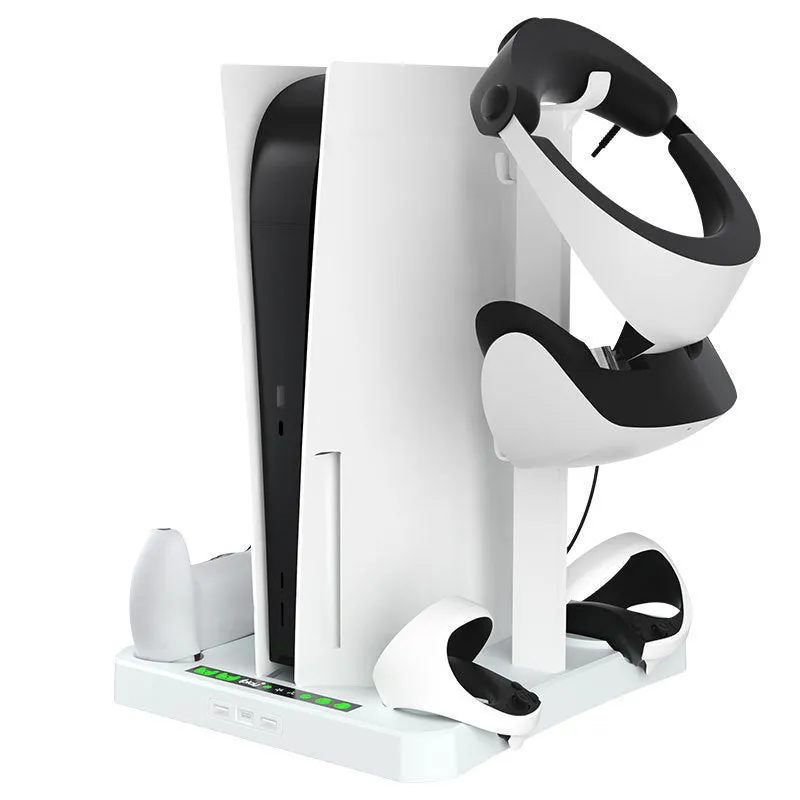 PS5 PSVR2 multifunctional cooling pad base with game disc and helmet storage rack in ABS material