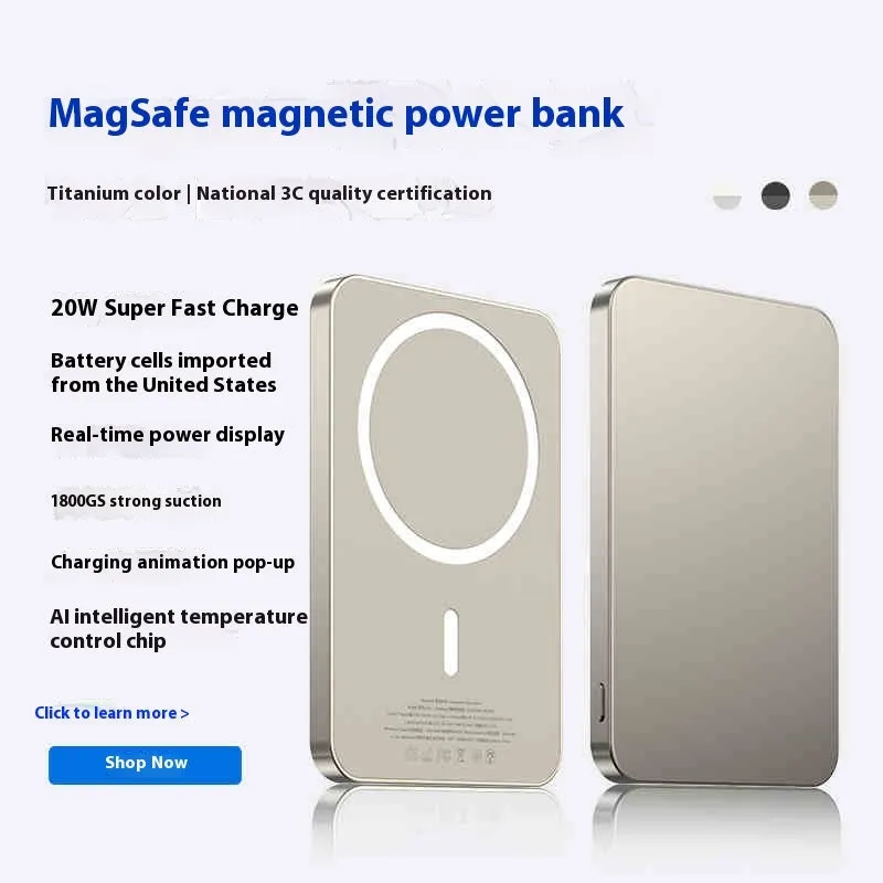 Small portable mini magnetic power bank with aluminium alloy shell in black colour, 10000mAh capacity