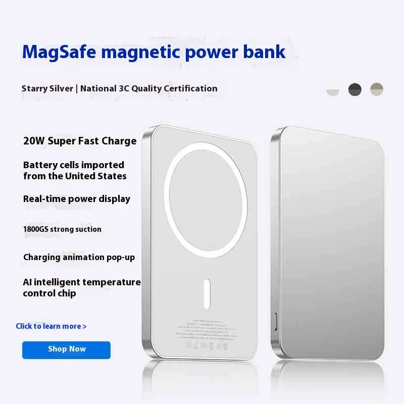 Small portable mini magnetic power bank with aluminium alloy shell in black colour, 10000mAh capacity