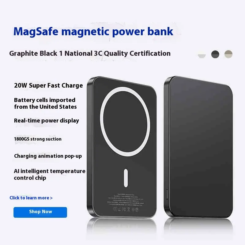 Small portable mini magnetic power bank with aluminium alloy shell in black colour, 10000mAh capacity