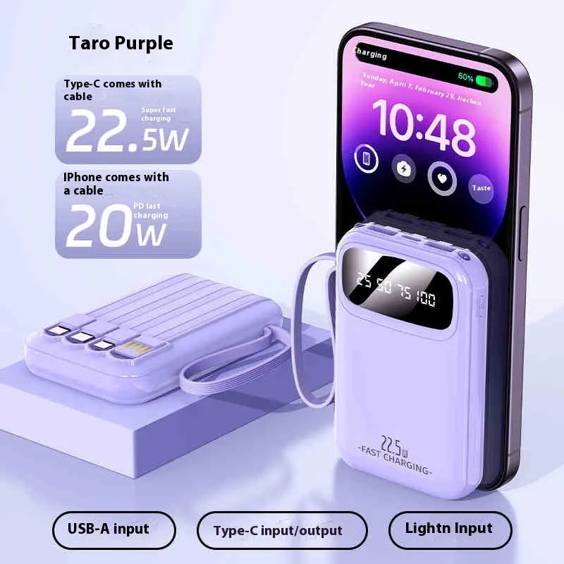Compact portable power bank with built-in cable, LCD display, and 22.5W fast charging in Moon White