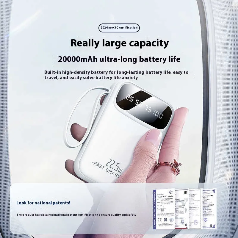 Compact portable power bank with built-in cable, LCD display, and 22.5W fast charging in Moon White