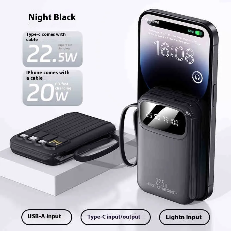 Compact portable power bank with built-in cable, LCD display, and 22.5W fast charging in Moon White