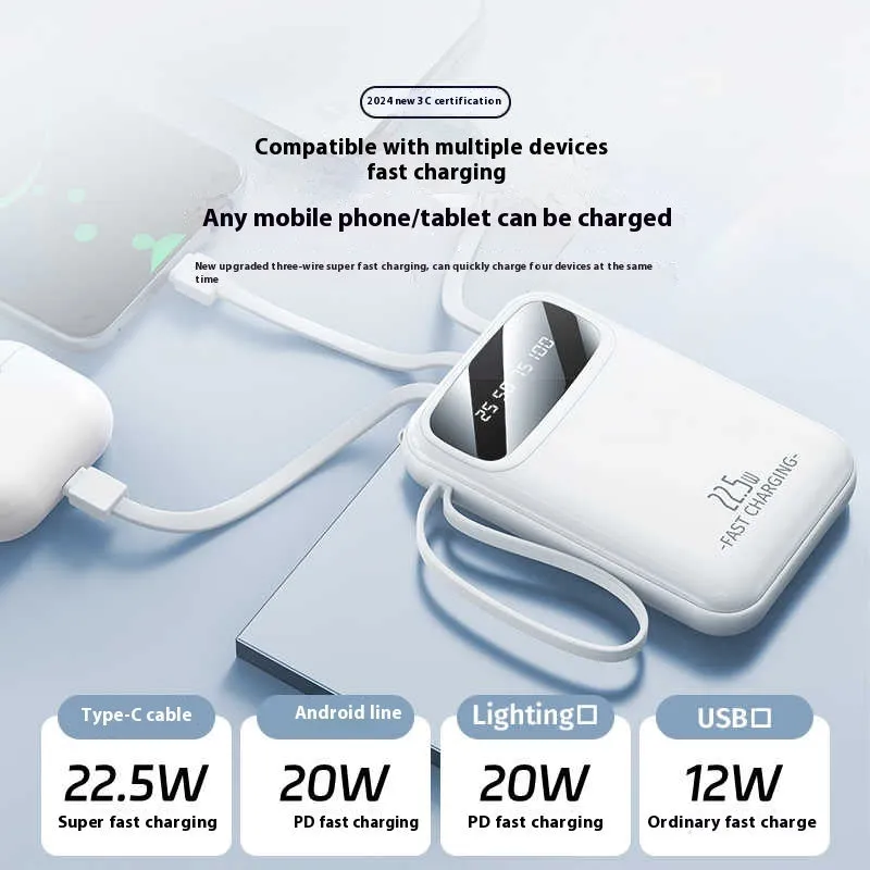 Compact portable power bank with built-in cable, LCD display, and 22.5W fast charging in Moon White
