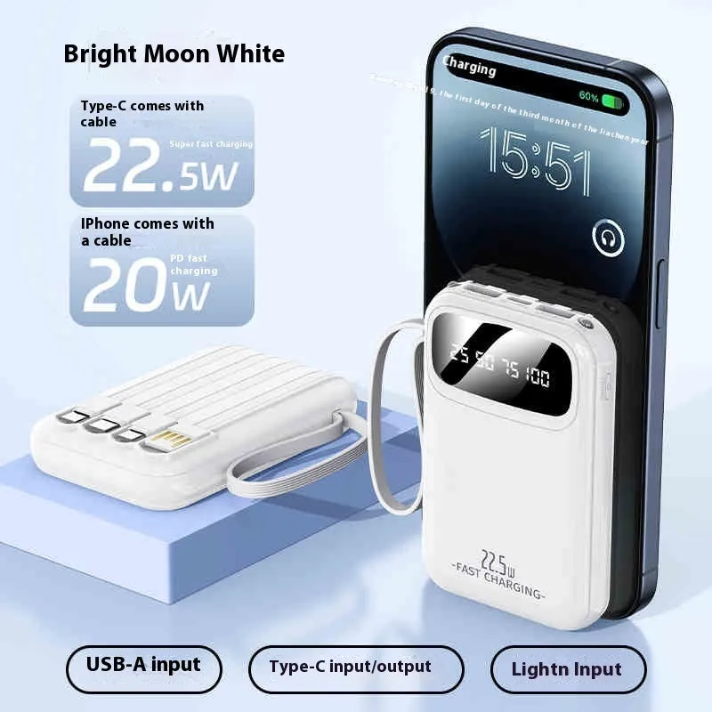 Compact portable power bank with built-in cable, LCD display, and 22.5W fast charging in Moon White