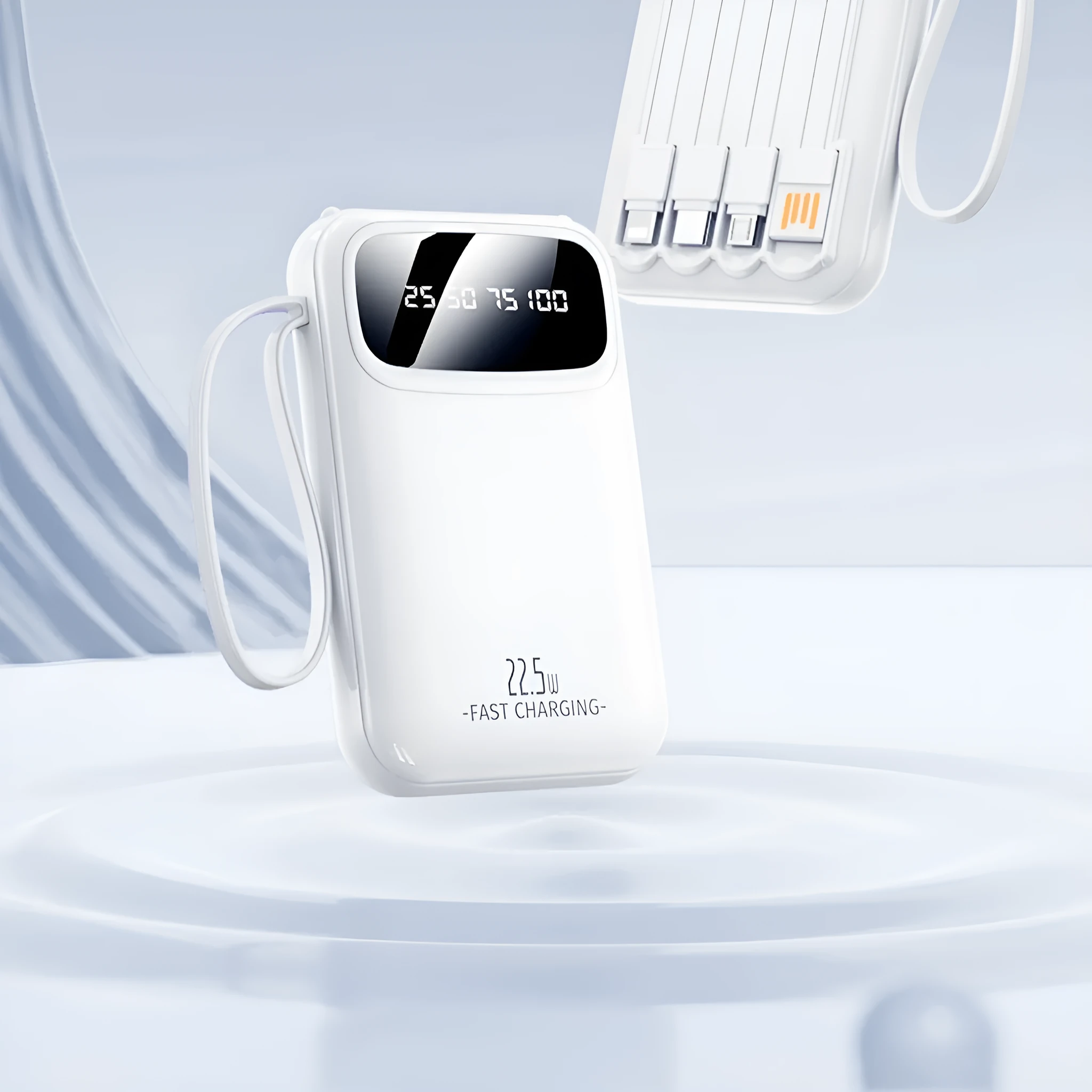 Compact portable power bank with built-in cable, LCD display, and 22.5W fast charging in Moon White