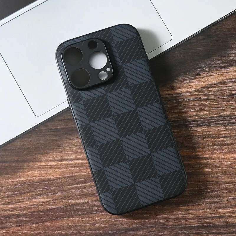 Black creative anti-fall imitation leather phone case for iPhone with wave pattern, shockproof and fingerprint-proof design.