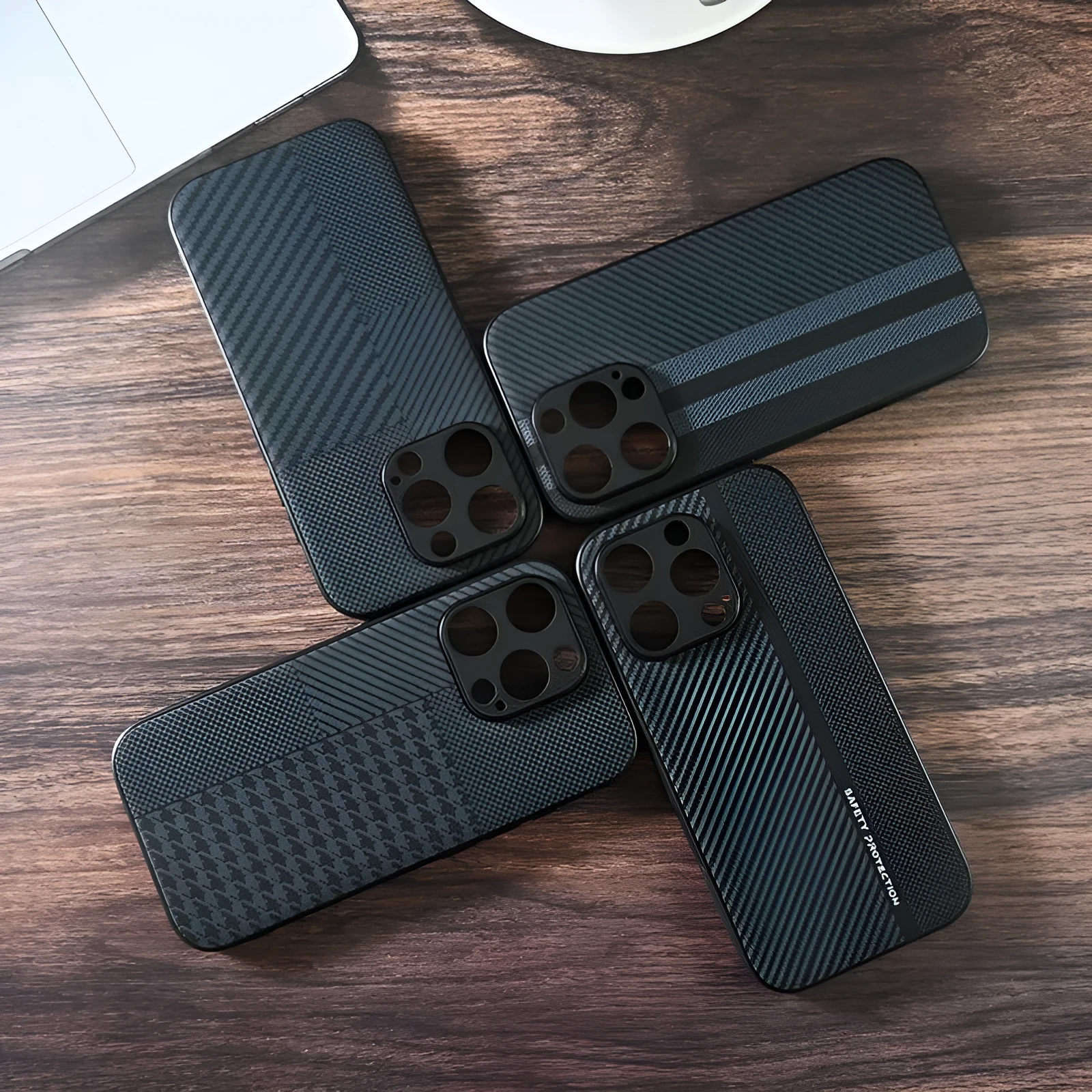 Black creative anti-fall imitation leather phone case for iPhone with wave pattern, shockproof and fingerprint-proof design.