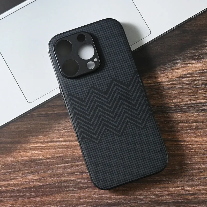 Black creative anti-fall imitation leather phone case for iPhone with wave pattern, shockproof and fingerprint-proof design.