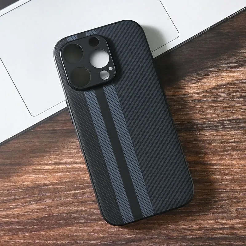 Black creative anti-fall imitation leather phone case for iPhone with wave pattern, shockproof and fingerprint-proof design.