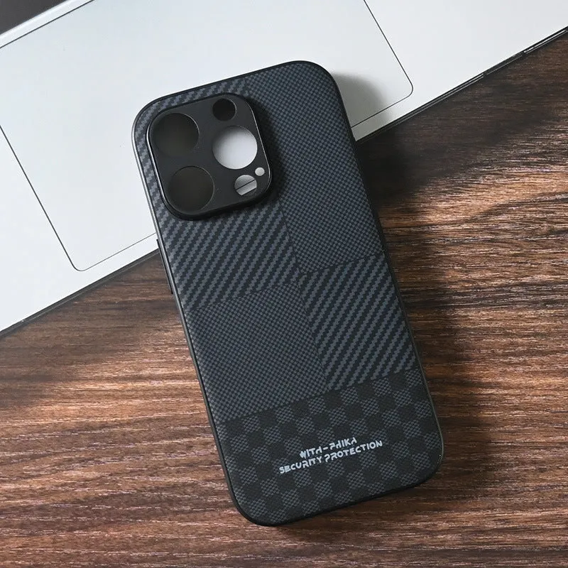 Black creative anti-fall imitation leather phone case for iPhone with wave pattern, shockproof and fingerprint-proof design.