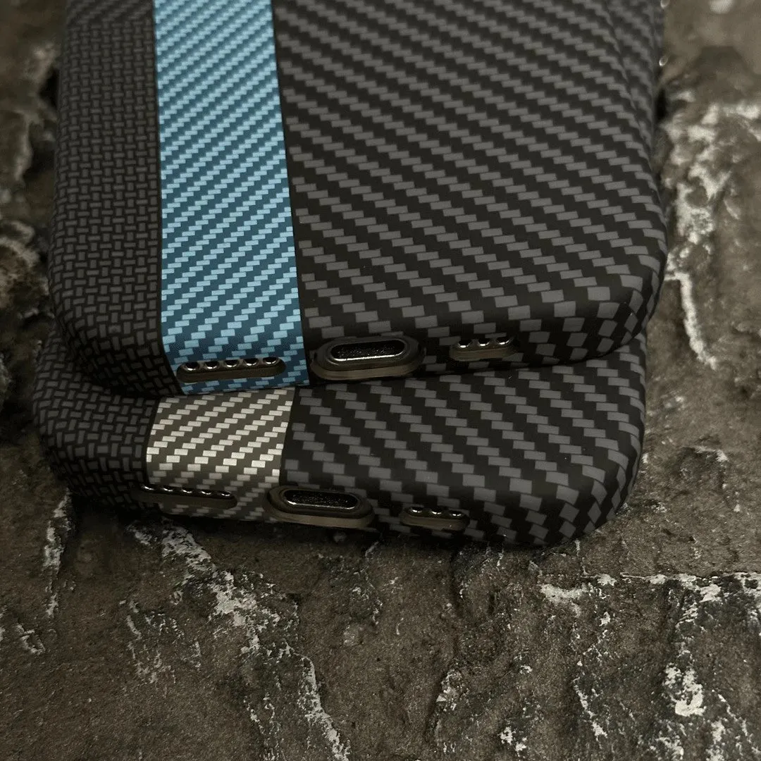Carbon fiber grain magnetic phone case for iPhone 15 in grey finish with textured surface and camera cutout