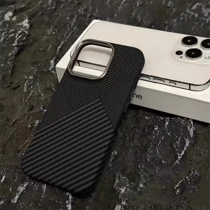Carbon fiber grain magnetic phone case for iPhone 15 in grey finish with textured surface and camera cutout