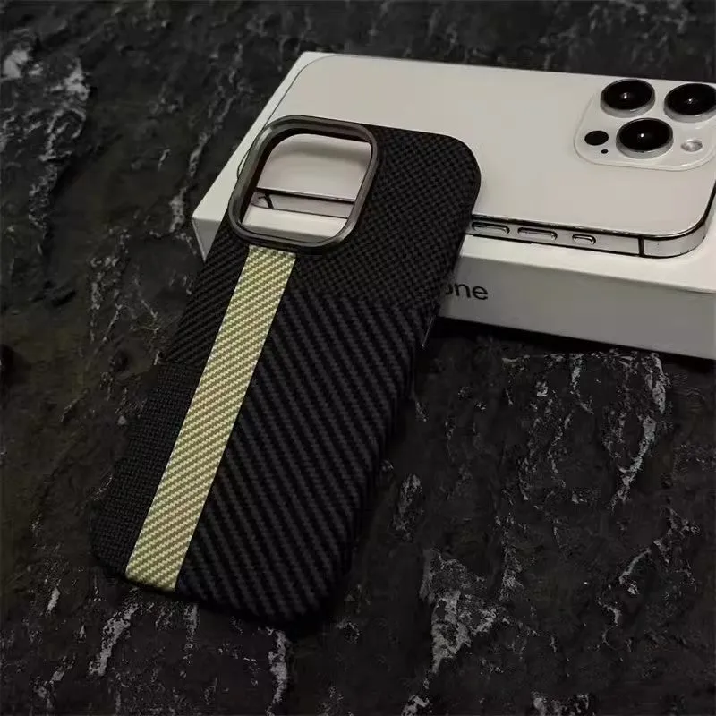 Carbon fiber grain magnetic phone case for iPhone 15 in grey finish with textured surface and camera cutout
