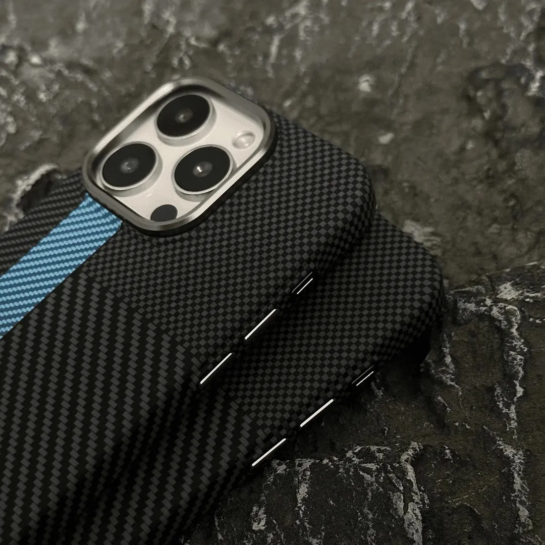 Carbon fiber grain magnetic phone case for iPhone 15 in grey finish with textured surface and camera cutout