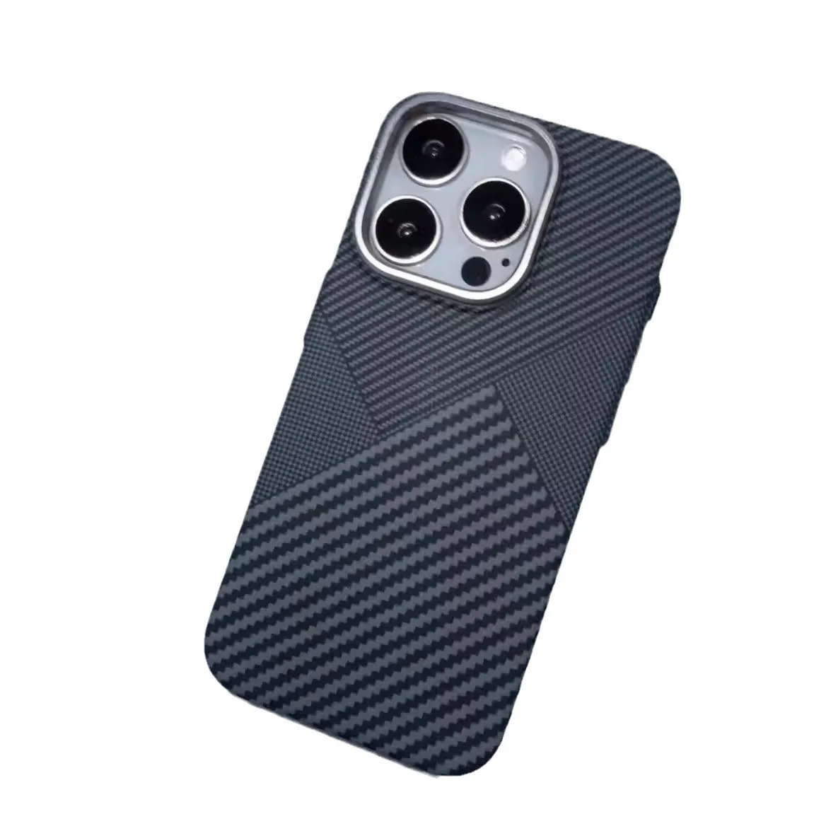 Carbon fiber grain magnetic phone case for iPhone 15 in grey finish with textured surface and camera cutout