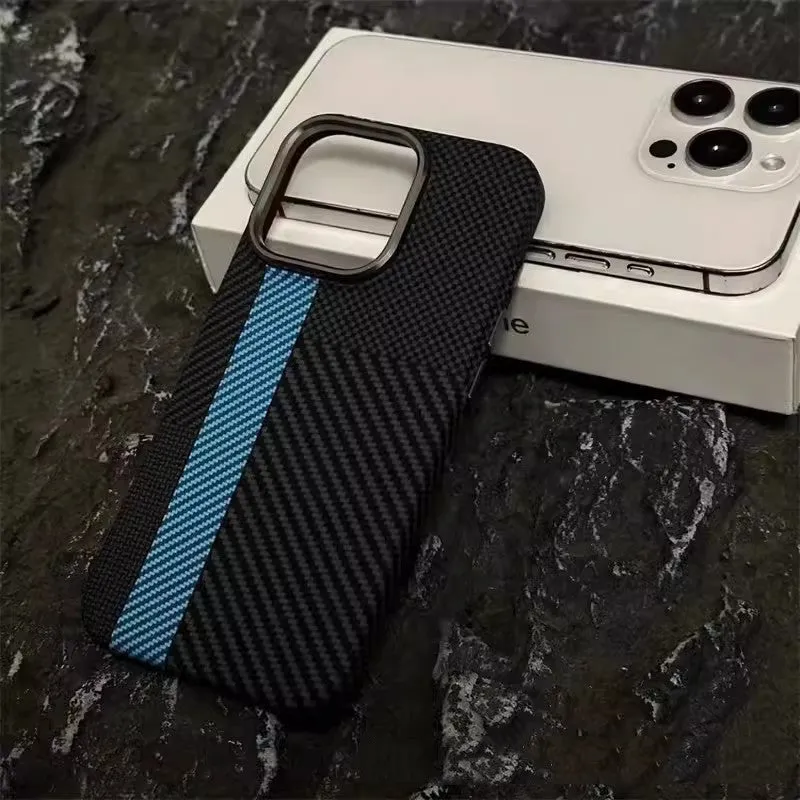 Carbon fiber grain magnetic phone case for iPhone 15 in grey finish with textured surface and camera cutout