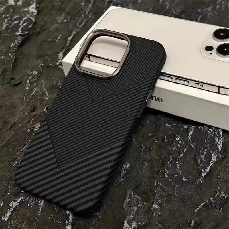 Carbon fiber grain magnetic phone case for iPhone 15 in grey finish with textured surface and camera cutout
