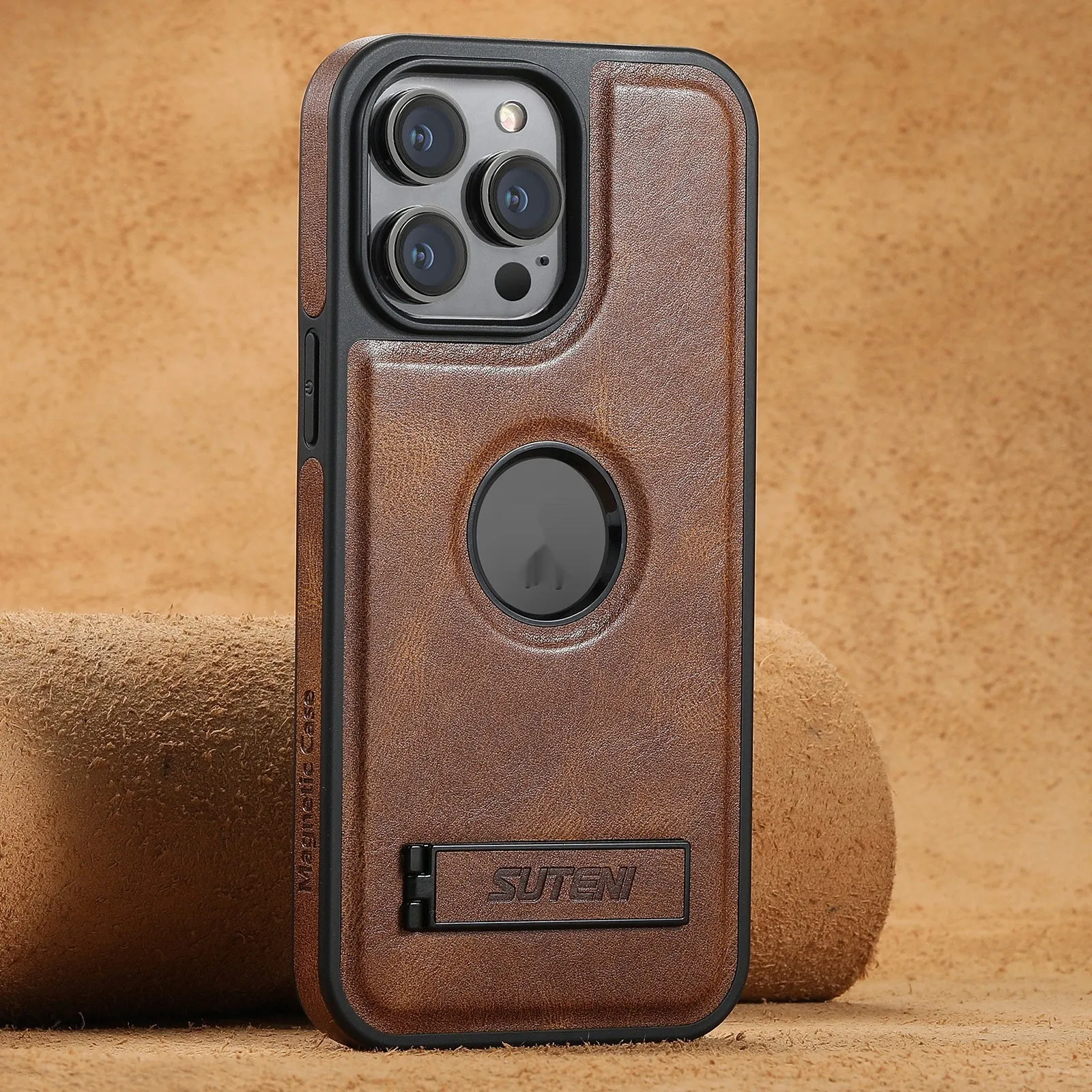 Handmade PU TPU magnetic phone case with stand for Apple iPhone in oil wax brown finish