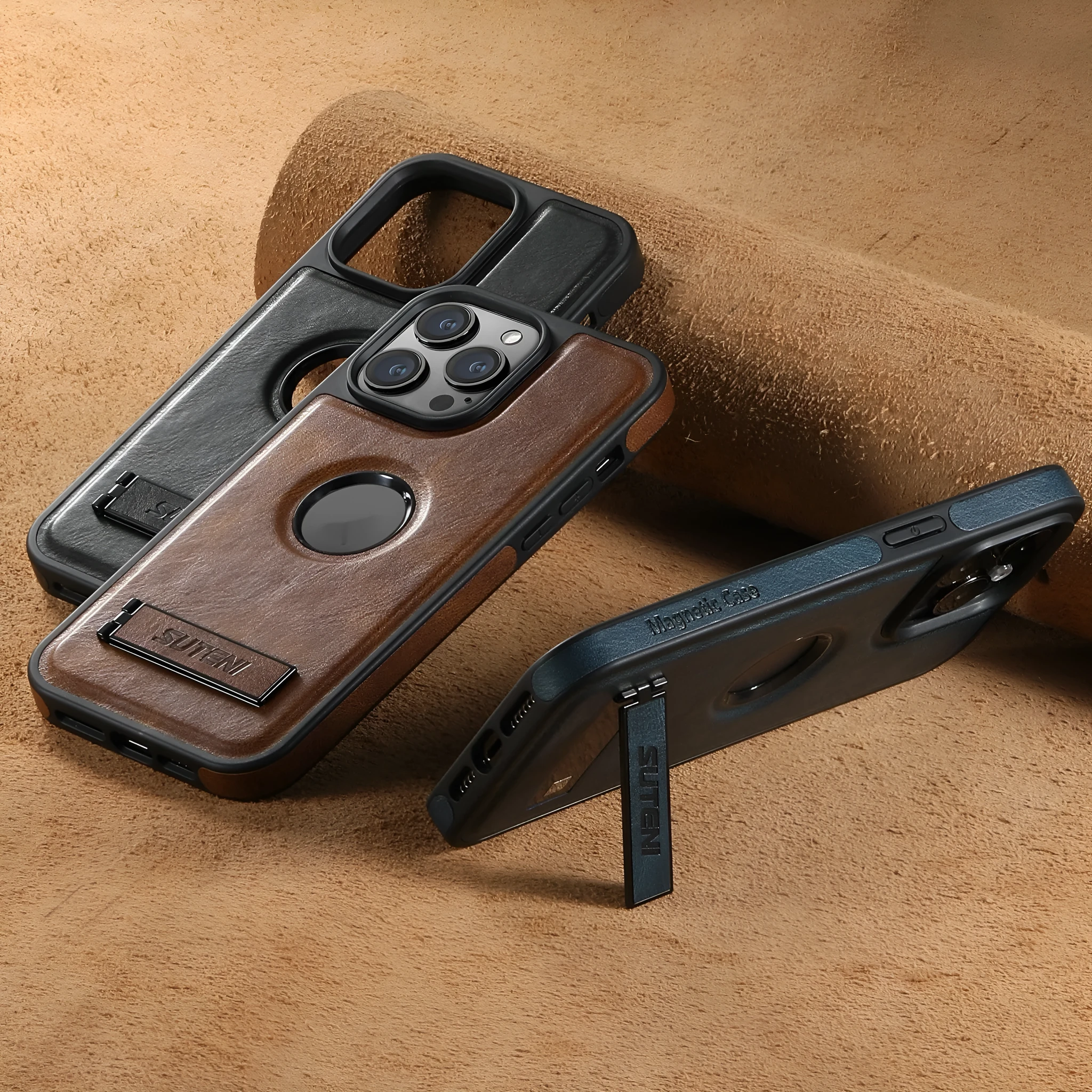 Handmade PU TPU magnetic phone case with stand for Apple iPhone in oil wax brown finish