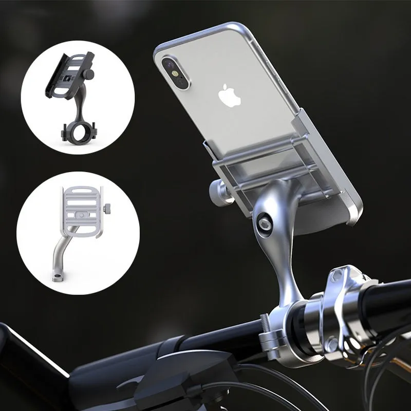 Aluminum alloy motorcycle bike phone holder with double adjustment joints attached to handlebar, blue finish