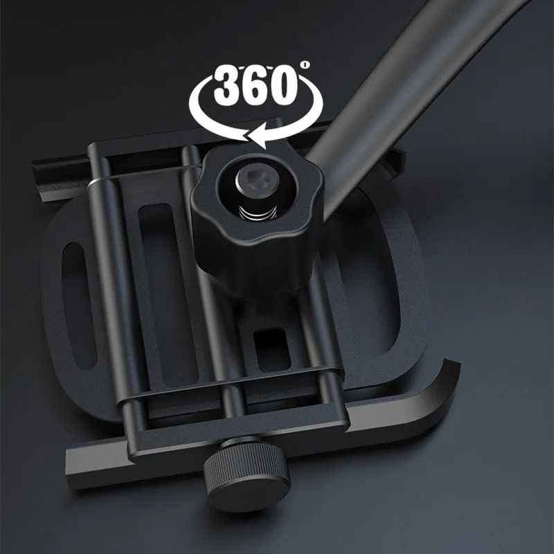 Aluminum alloy motorcycle bike phone holder with double adjustment joints attached to handlebar, blue finish