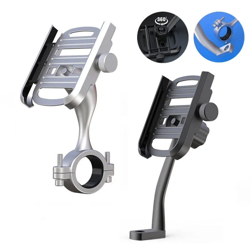 Aluminum alloy motorcycle bike phone holder with double adjustment joints attached to handlebar, blue finish