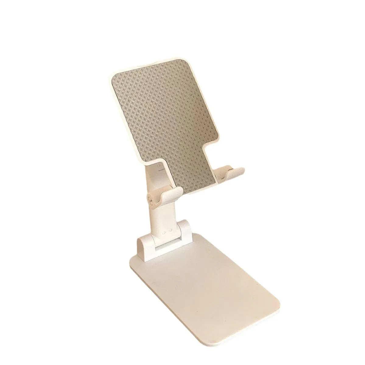 Folding plastic mobile phone stand in pearl white on a flat surface