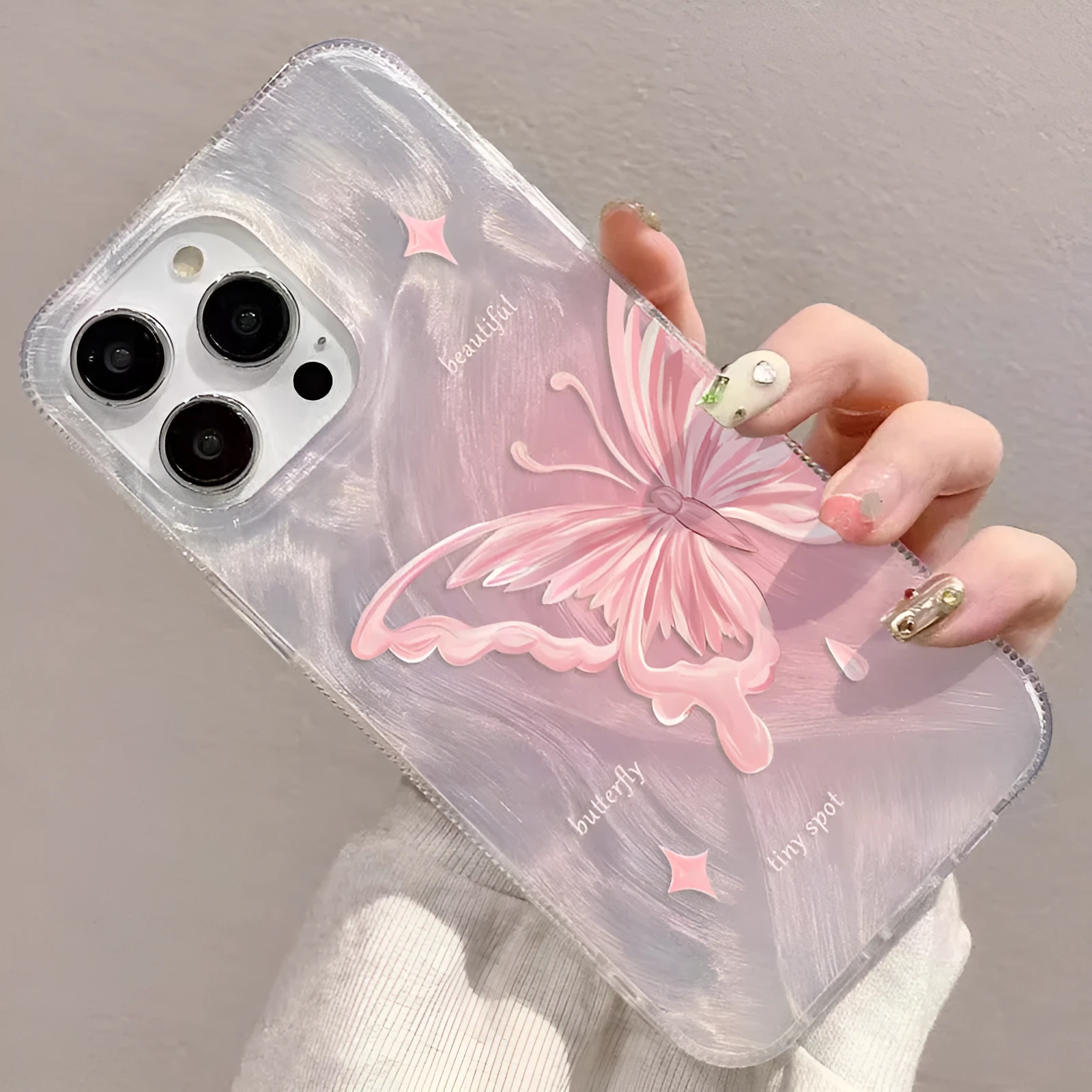 Transparent PC silicone phone case with feather yarn butterfly design for Apple iPhone