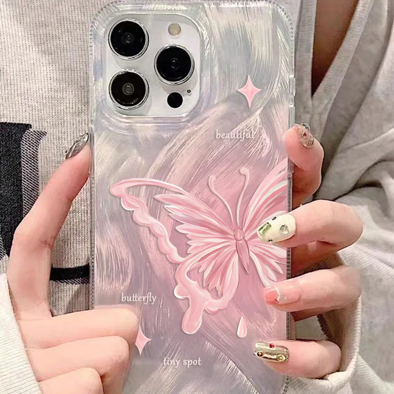 Transparent PC silicone phone case with feather yarn butterfly design for Apple iPhone