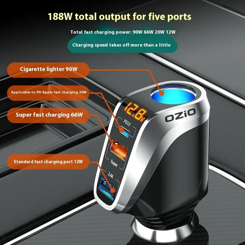 Quick charging car cigarette lighter with one to three conversion plug, wireless pad, and USB output in silver