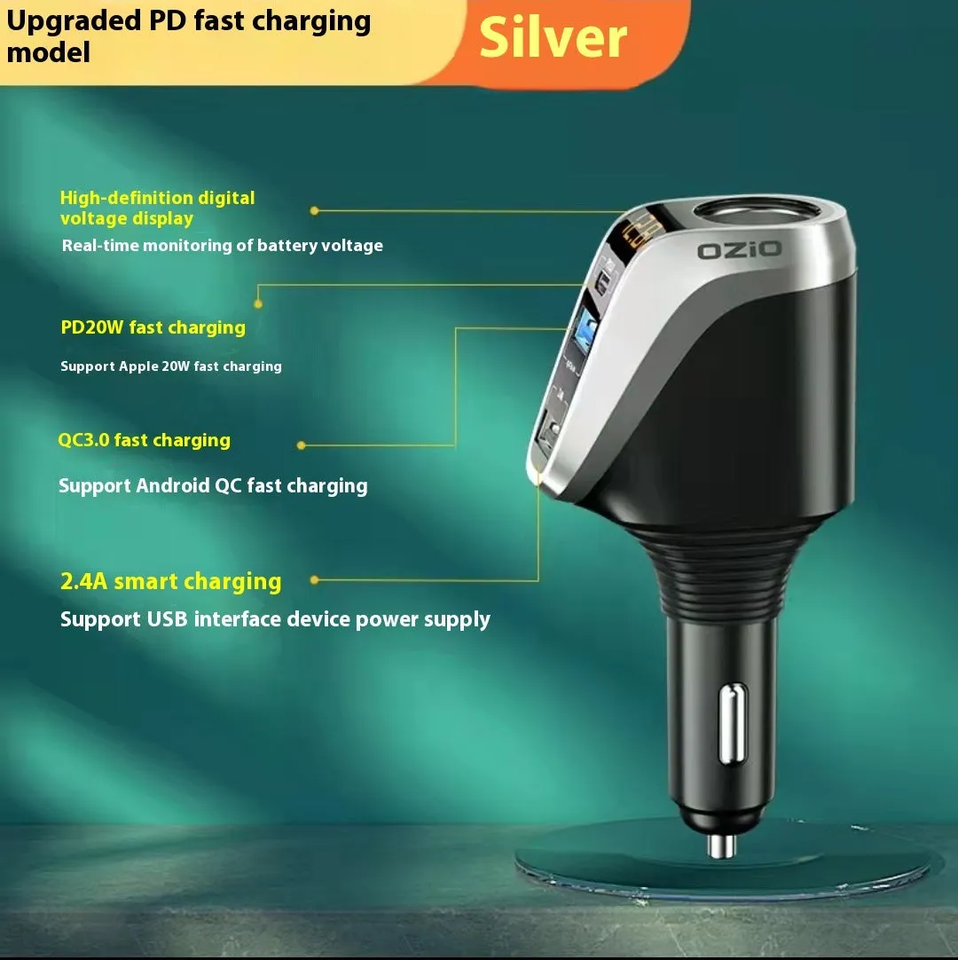 Quick charging car cigarette lighter with one to three conversion plug, wireless pad, and USB output in silver