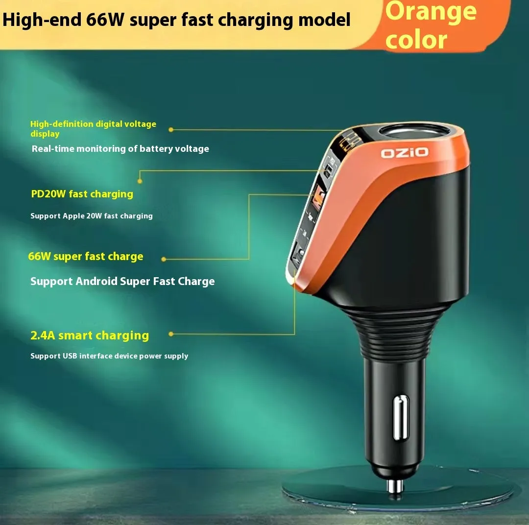 Quick charging car cigarette lighter with one to three conversion plug, wireless pad, and USB output in silver