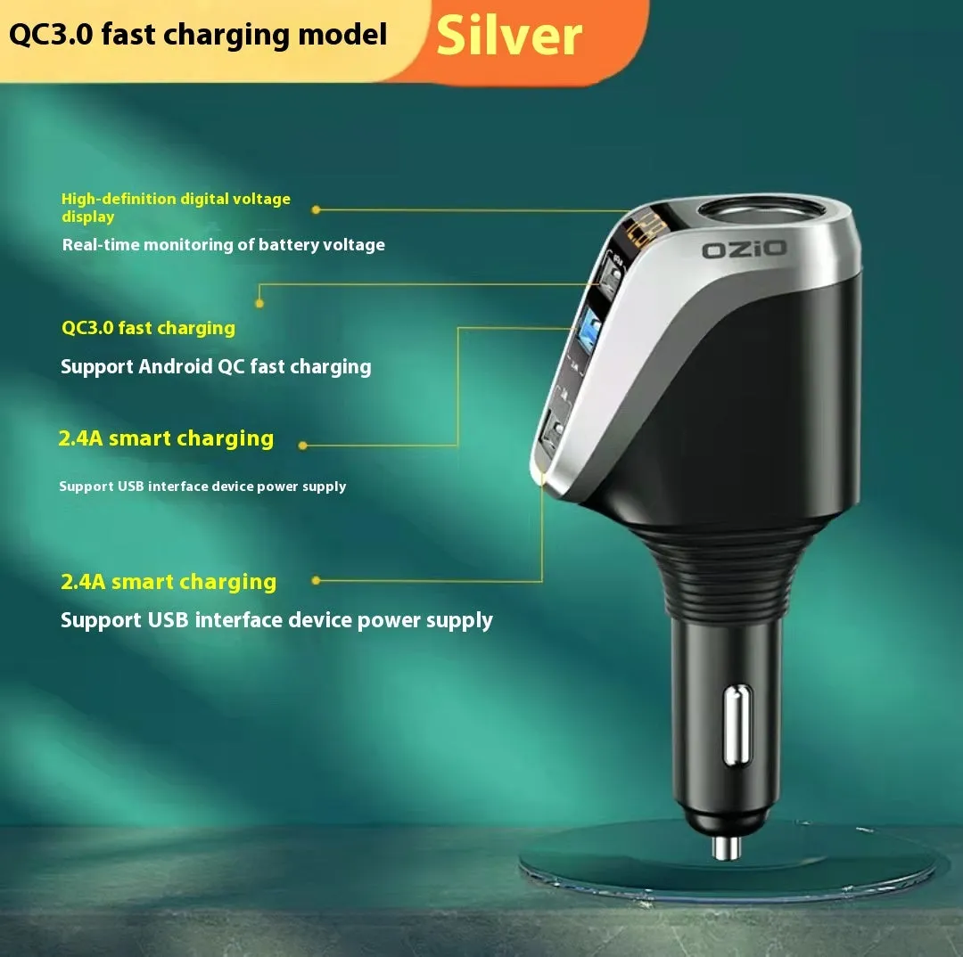 Quick charging car cigarette lighter with one to three conversion plug, wireless pad, and USB output in silver