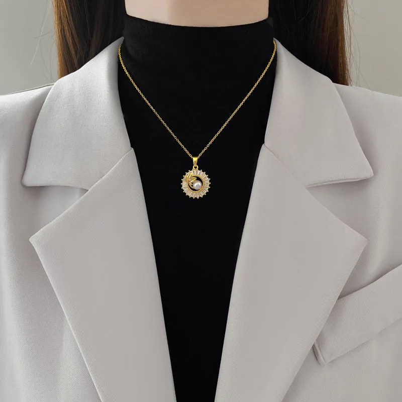 Women's geometric jewellery set with square full diamond motif, leaf design, titanium steel chain, and gold-plated copper pendant and earrings.