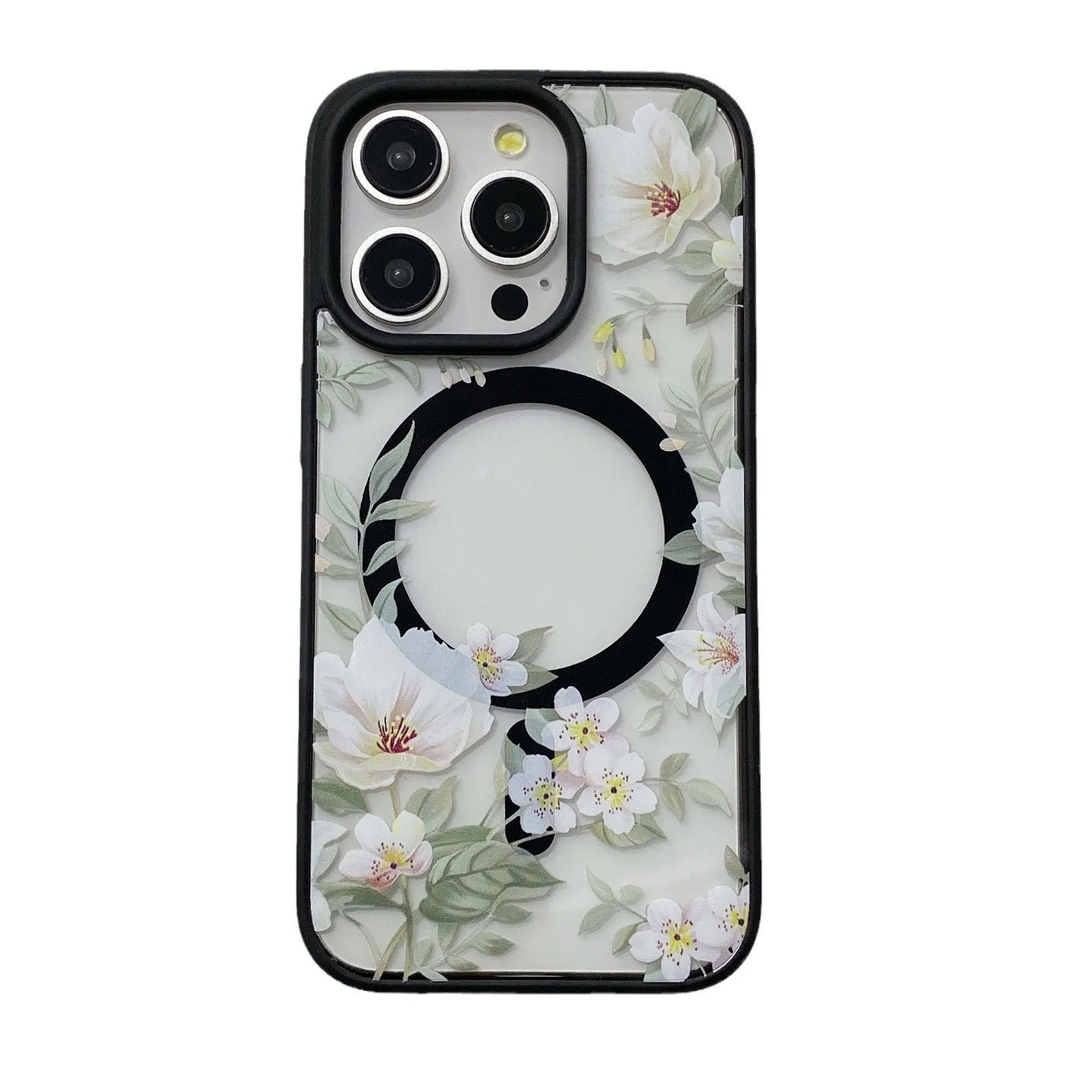 Magnetic acrylic two-in-one phone case with purple floral design on black back for iPhone