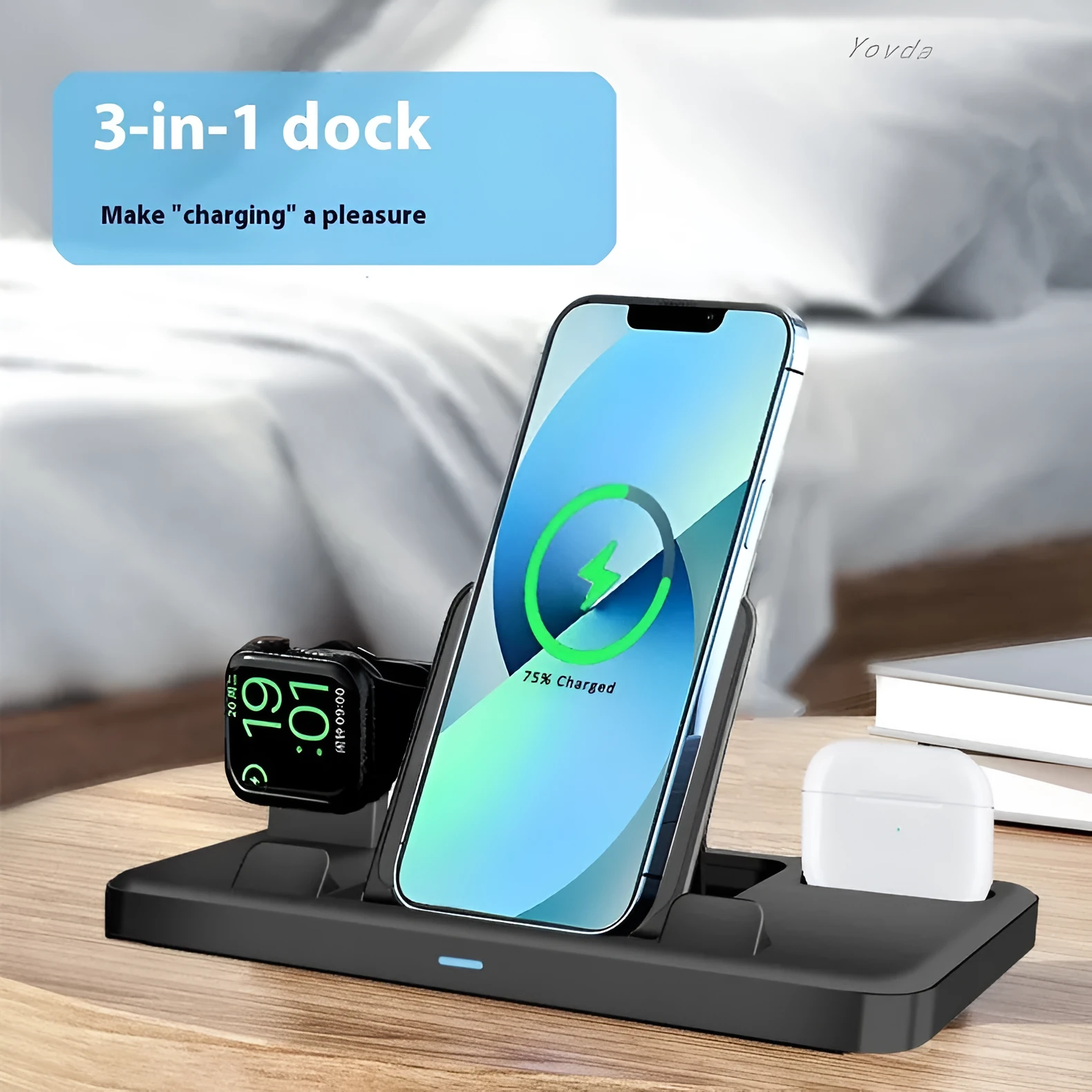 Black ABS three-in-one charging base with phone in upright bracket and tablet on pad