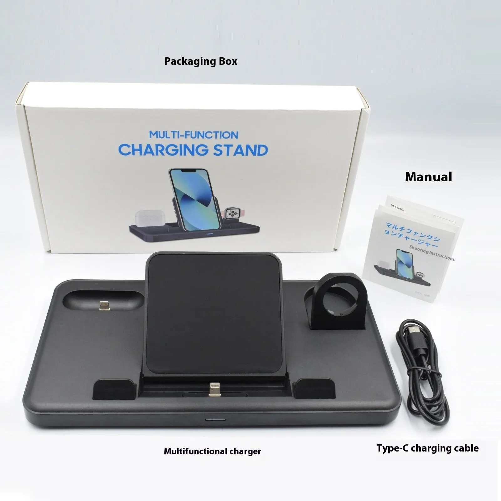 Black ABS three-in-one charging base with phone in upright bracket and tablet on pad