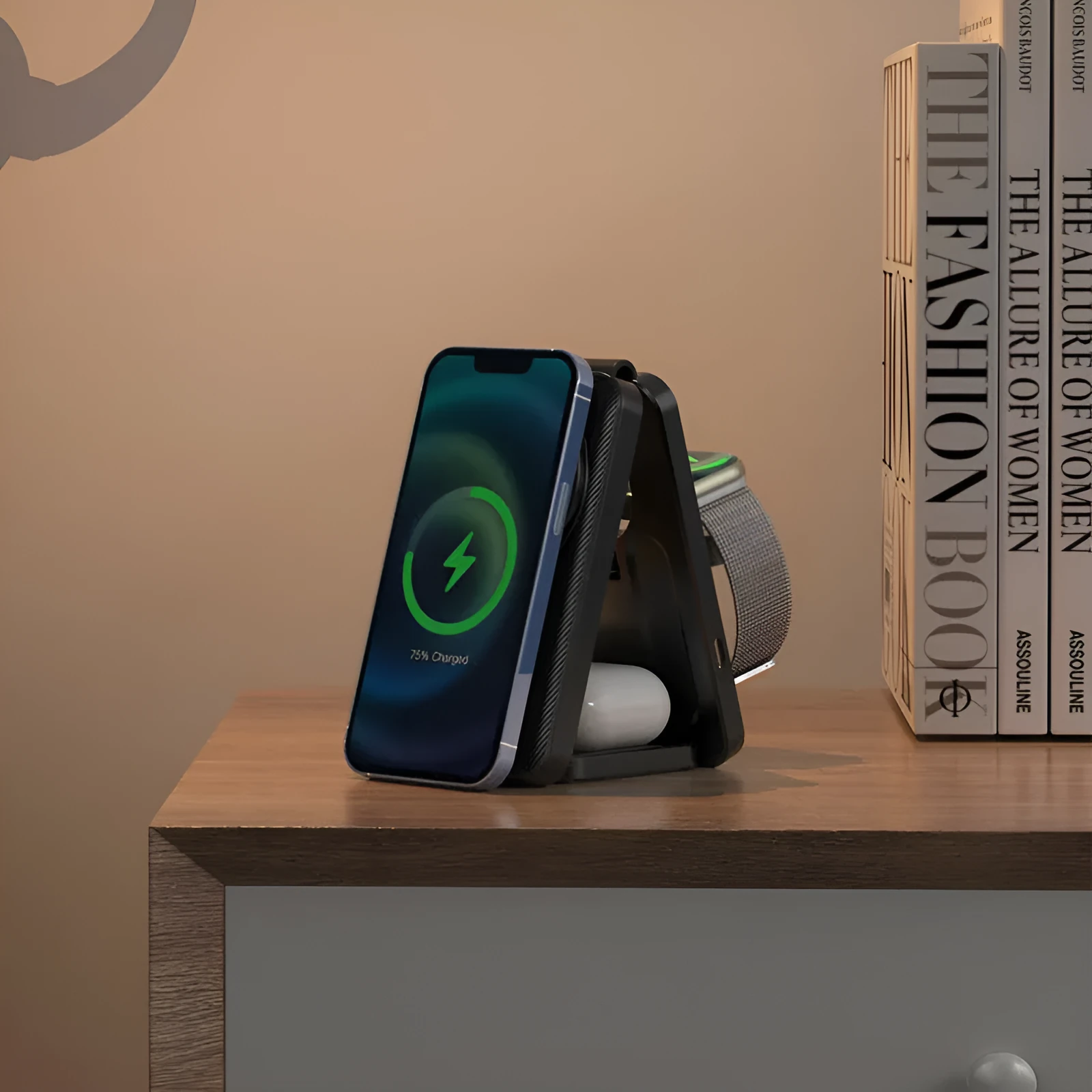 Folding magnetic three-in-one wireless charger for phone, watch, and earbuds with 15W fast charging, black version