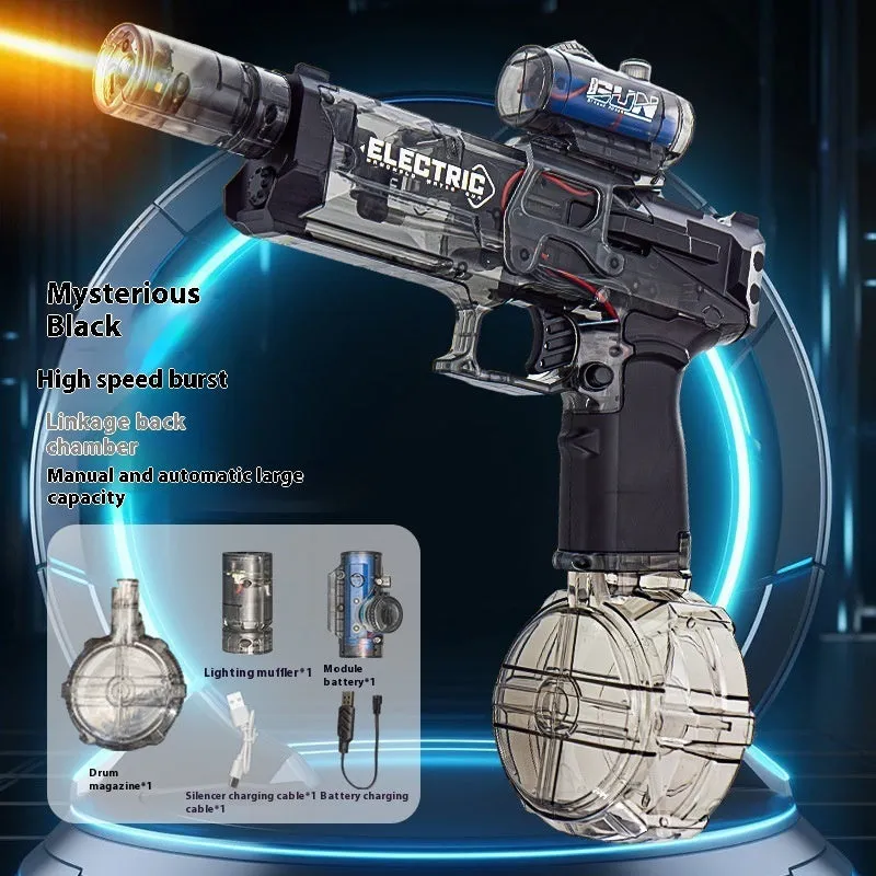 Electric water pistol with light effects showing automatic water feeding system