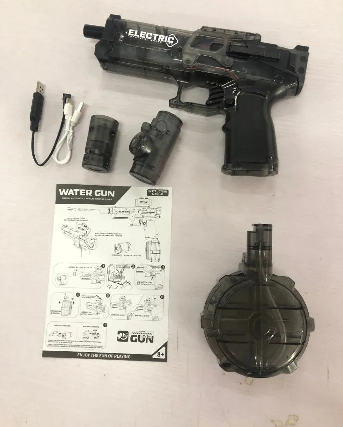 Electric water pistol with light effects showing automatic water feeding system