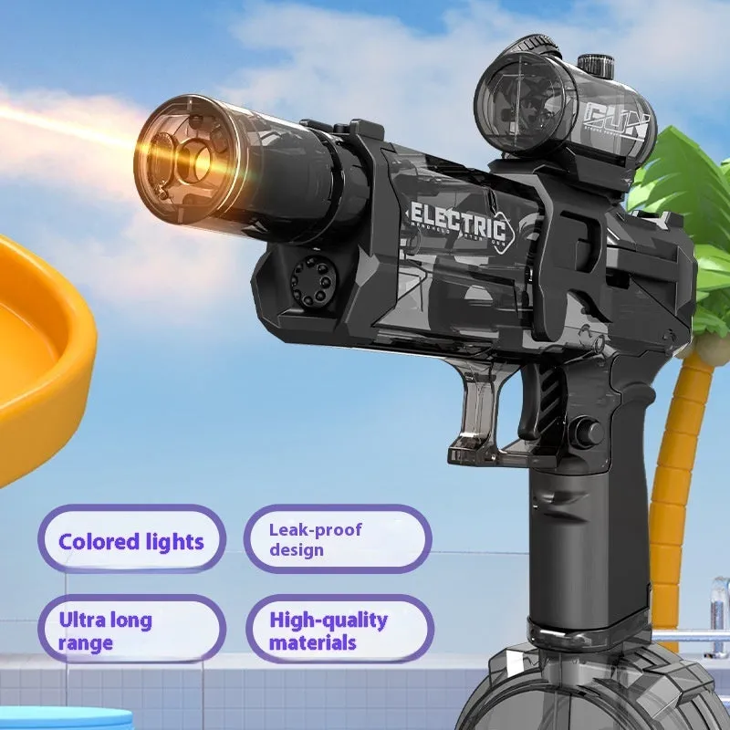 Electric water pistol with light effects showing automatic water feeding system
