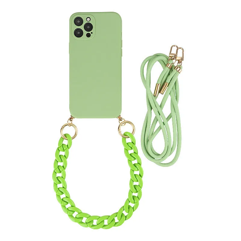 Crossbody solid colour TPU phone case with fine hole texture and lanyard chain for iPhone 16 series