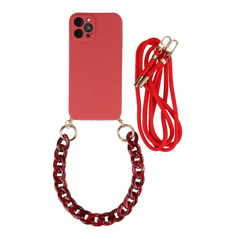 Crossbody solid colour TPU phone case with fine hole texture and lanyard chain for iPhone 16 series