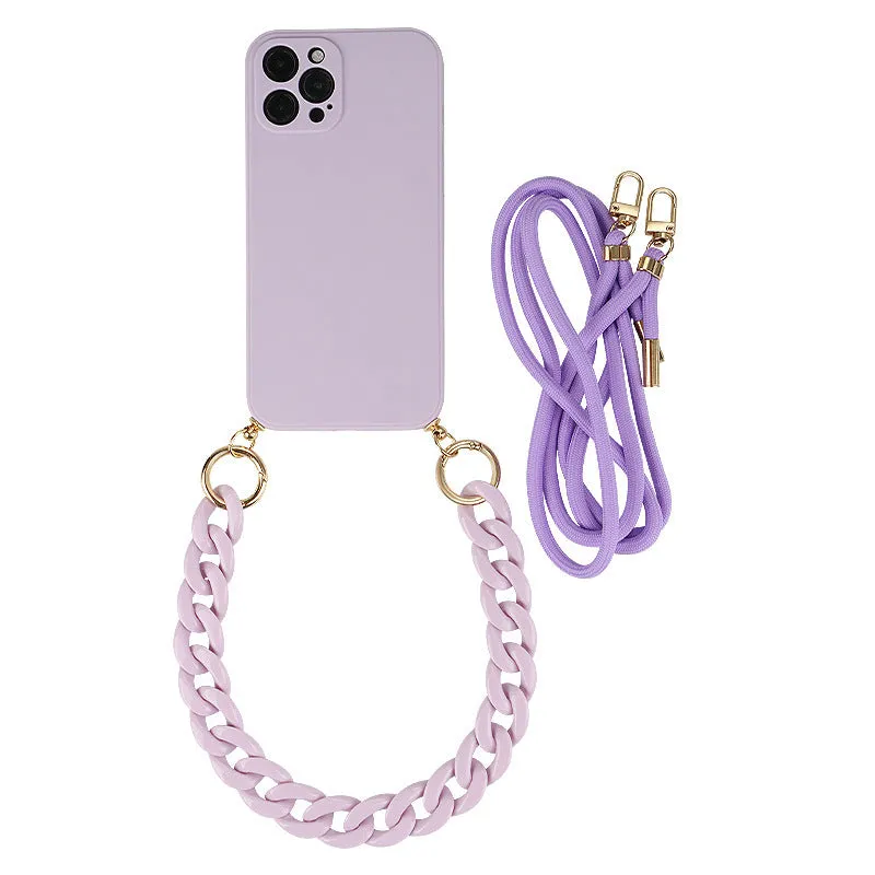Crossbody solid colour TPU phone case with fine hole texture and lanyard chain for iPhone 16 series