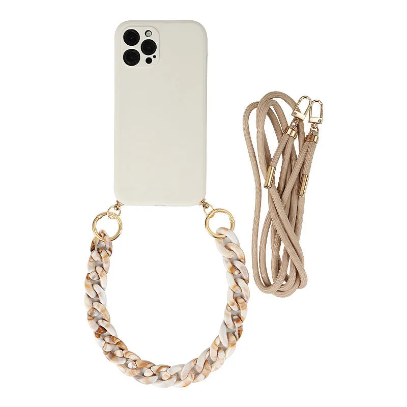 Crossbody solid colour TPU phone case with fine hole texture and lanyard chain for iPhone 16 series