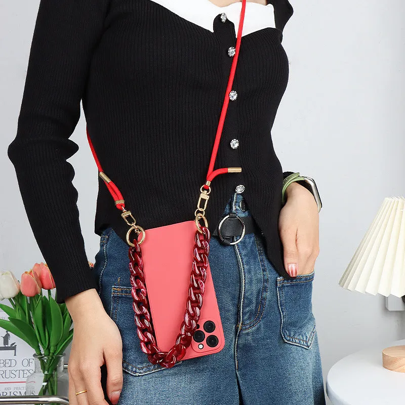Crossbody solid colour TPU phone case with fine hole texture and lanyard chain for iPhone 16 series