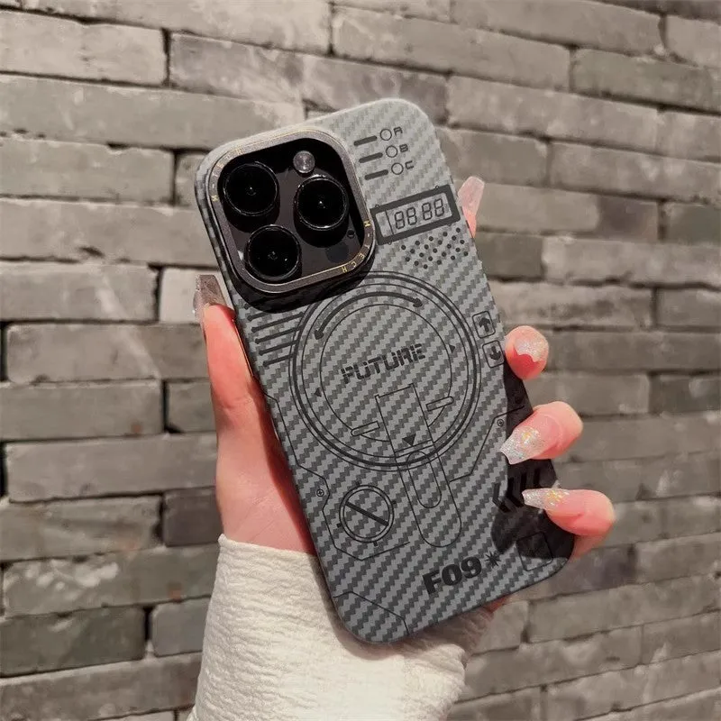 PC phone case with carbon fiber grain texture, Graphite Black colour, magnetic ring visible, for iPhone series.